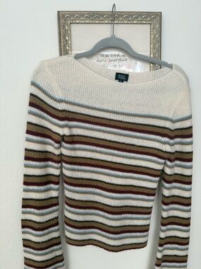 PacSun Cream Striped Crewneck Sweater with Blue, Brown, and Burgundy Stripes